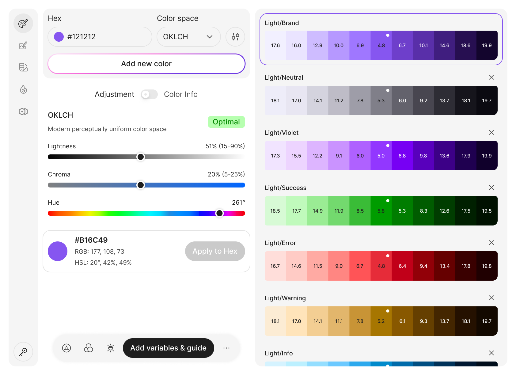 Color picker interface with adjustment sliders for lightness, chroma, and hue. Color palette examples shown.