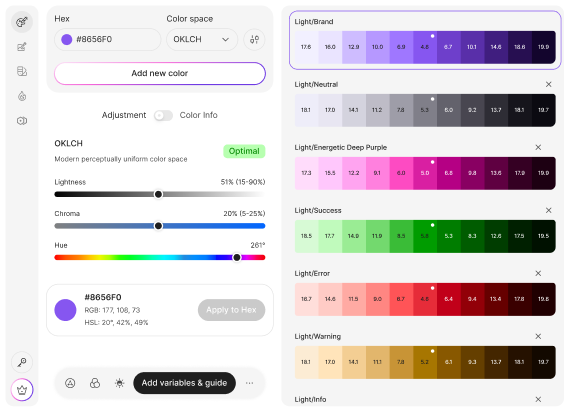 Color palette adjustment tool interface. Controls for lightness, chroma, and hue, with color swatches and hex code.