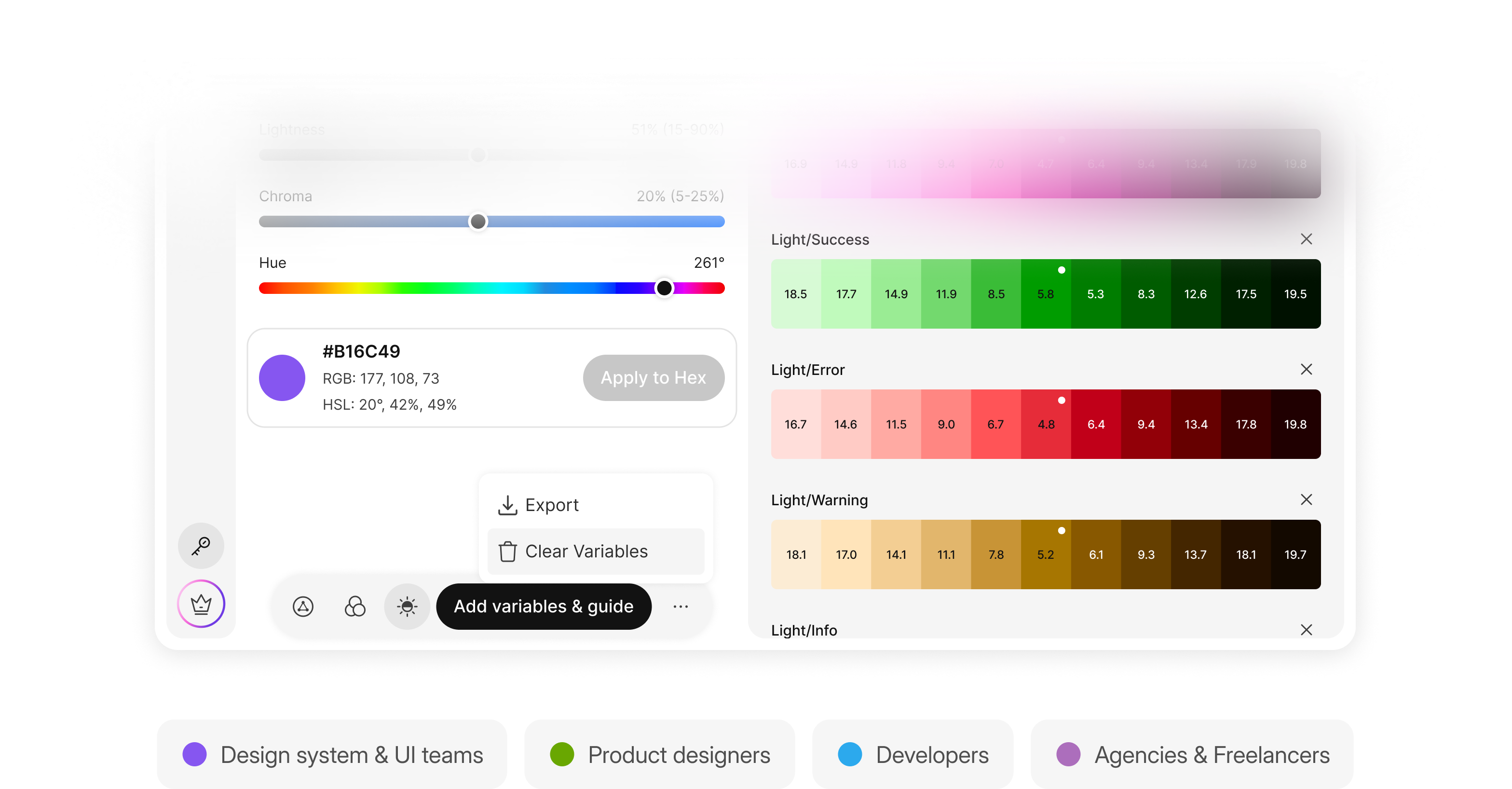 Color palette design interface with color swatches and user roles.